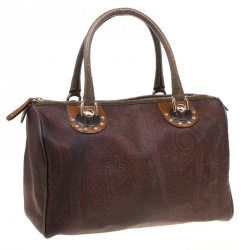 Pre Owned Etro Brown Paisley Printed Coated Canvas Boston Bag