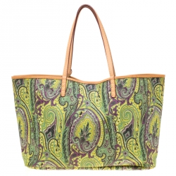 Pre Owned Etro Green Paisley Printed Coated Canvas Shopper Tote