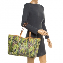 Pre Owned Etro Green Paisley Printed Coated Canvas Shopper Tote