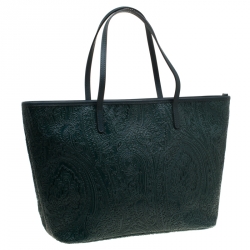 Pre Owned Etro Green Leather Paisley Embossed Shopper Tote