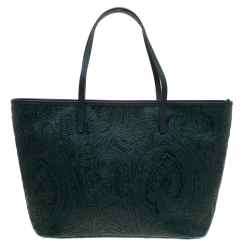 Pre Owned Etro Green Leather Paisley Embossed Shopper Tote