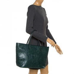 Pre Owned Etro Green Leather Paisley Embossed Shopper Tote