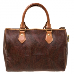 Pre Owned Etro Brown Paisley Printed Coated Canvas and Leather Boston Bag             