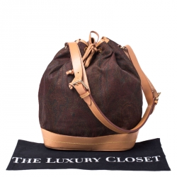 Pre Owned Etro Brown Paisley Printed Satin and Leather Drawstring Bucket Bag