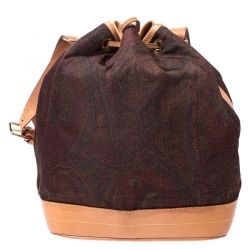 Pre Owned Etro Brown Paisley Printed Satin and Leather Drawstring Bucket Bag
