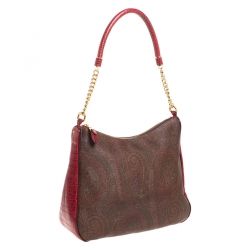 Pre Owned Etro Red/Brown Paisley Print and Croc Embossed Leather Hobo