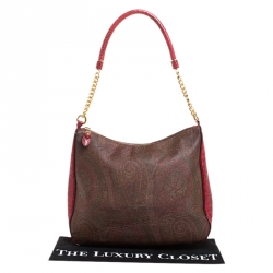 Pre Owned Etro Red/Brown Paisley Print and Croc Embossed Leather Hobo