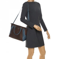 Pre Owned Etro Brown/Blue Paisley Print Coated Canvas and Croc Embossed Leather E Logo Tote