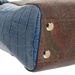 Pre Owned Etro Brown/Blue Paisley Print Coated Canvas and Croc Embossed Leather E Logo Tote