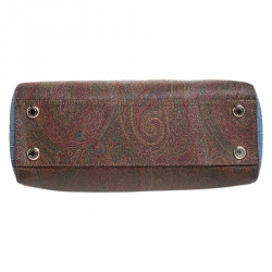 Pre Owned Etro Brown/Blue Paisley Print Coated Canvas and Croc Embossed Leather E Logo Tote