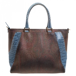 Pre Owned Etro Brown/Blue Paisley Print Coated Canvas and Croc Embossed Leather E Logo Tote