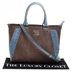 Pre Owned Etro Brown/Blue Paisley Print Coated Canvas and Croc Embossed Leather E Logo Tote