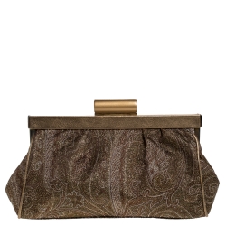 Pre Owned Etro Metallic Gold/Green Paisley Print Lame Fabric Frame Clutch