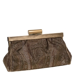 Pre Owned Etro Metallic Gold/Green Paisley Print Lame Fabric Frame Clutch