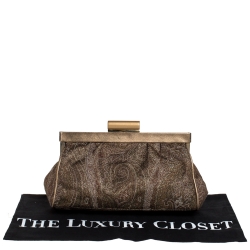 Pre Owned Etro Metallic Gold/Green Paisley Print Lame Fabric Frame Clutch
