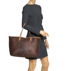 Pre Owned Etro Brown Paisley Printed Coated Canvas and Leather Shopper Tote