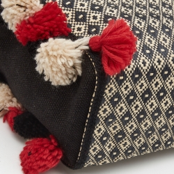 Etro Multicolor Printed Woven Straw and Canvas Pom Pom Embellished Tote  