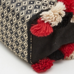 Etro Multicolor Printed Woven Straw and Canvas Pom Pom Embellished Tote  
