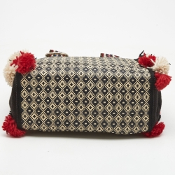 Etro Multicolor Printed Woven Straw and Canvas Pom Pom Embellished Tote  