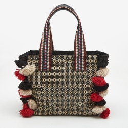 Etro Multicolor Printed Woven Straw and Canvas Pom Pom Embellished Tote  