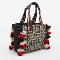 Etro Multicolor Printed Woven Straw and Canvas Pom Pom Embellished Tote  