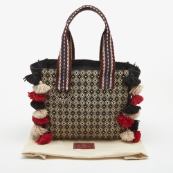 Etro Multicolor Printed Woven Straw and Canvas Pom Pom Embellished Tote  