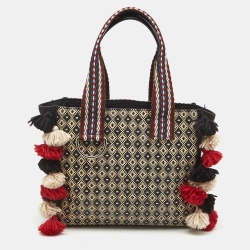 Etro Multicolor Printed Woven Straw and Canvas Pom Pom Embellished Tote  