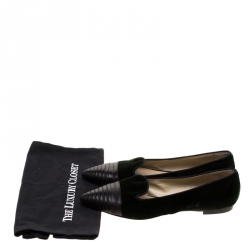 Etro Dark Green Velvet And Black Quilted Leather Pointed Cap Toe Smoking Slipper Size 40
