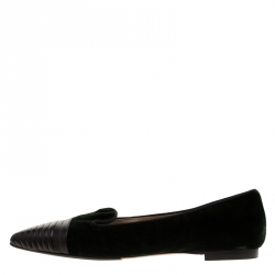 Etro Dark Green Velvet And Black Quilted Leather Pointed Cap Toe Smoking Slipper Size 40