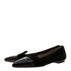 Etro Dark Green Velvet And Black Quilted Leather Pointed Cap Toe Smoking Slipper Size 40