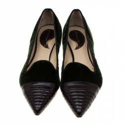 Etro Dark Green Velvet And Black Quilted Leather Pointed Cap Toe Smoking Slipper Size 40
