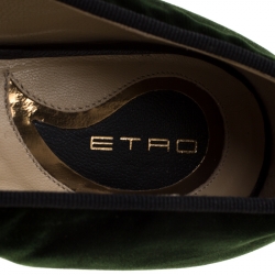 Etro Dark Green Velvet And Black Quilted Leather Pointed Cap Toe Smoking Slipper Size 40