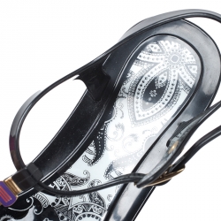Pre Owned  Etro Black Jelly Multicolor Metal Logo Embellished Thong Flats Size 39