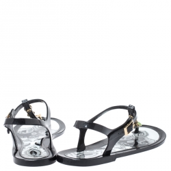 Pre Owned  Etro Black Jelly Multicolor Metal Logo Embellished Thong Flats Size 39