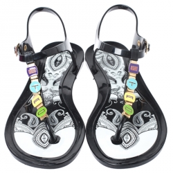 Pre Owned  Etro Black Jelly Multicolor Metal Logo Embellished Thong Flats Size 39