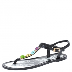 Pre Owned  Etro Black Jelly Multicolor Metal Logo Embellished Thong Flats Size 39