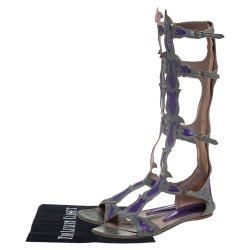 Pre Owned Etro Grey/Purple Leather Flat Gladiator Sandals Size 38