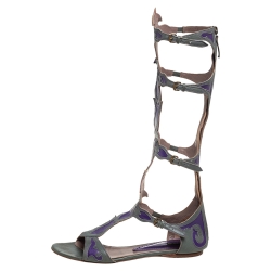 Pre Owned Etro Grey/Purple Leather Flat Gladiator Sandals Size 38
