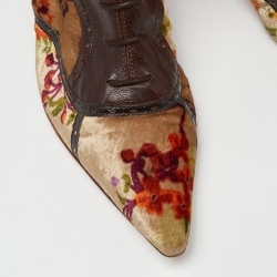 Pre Owned Etro Multicolor Leather and Floral Printed Velvet Knee Length Boots Size 39.5