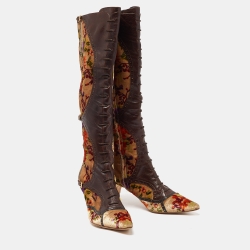Pre Owned Etro Multicolor Leather and Floral Printed Velvet Knee Length Boots Size 39.5