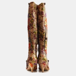 Pre Owned Etro Multicolor Leather and Floral Printed Velvet Knee Length Boots Size 39.5