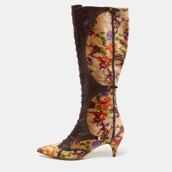 Multicolor Leather And Floral Printed Knee Length Boots