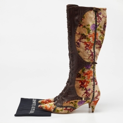 Pre Owned Etro Multicolor Leather and Floral Printed Velvet Knee Length Boots Size 39.5