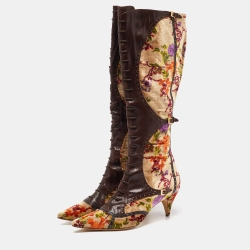 Pre Owned Etro Multicolor Leather and Floral Printed Velvet Knee Length Boots Size 39.5