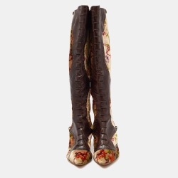 Pre Owned Etro Multicolor Leather and Floral Printed Velvet Knee Length Boots Size 39.5