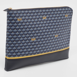 Pre Owned Faure Le Page Navy Blue Coated Canvas and Leather Etendard 35 Zip Pochette