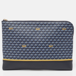 Pre Owned Faure Le Page Navy Blue Coated Canvas and Leather Etendard 35 Zip Pochette
