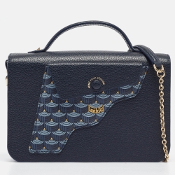 Fauré Le Page Navy Blue Leather and Coated Canvas Calibre 21 Top Handle Bag