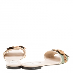 Pre Owned Fendi Moss Green Stretch Knit Bow Embellished Flat Slides Size 38.5