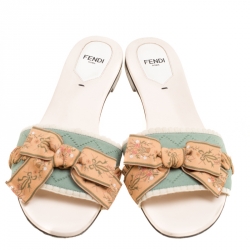 Pre Owned Fendi Moss Green Stretch Knit Bow Embellished Flat Slides Size 38.5